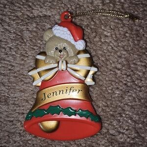 Vintage Personalized 'Jennifer' Teddy Bear Bell Holiday Ornament.